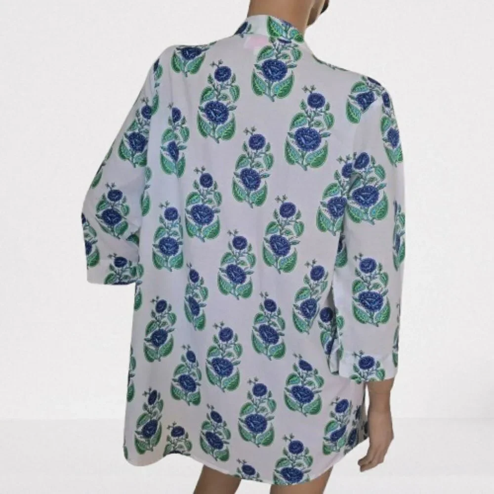 Mary Marshmallow Floral Print Tunic Dress Women Sz S Blue Green White All Cotton